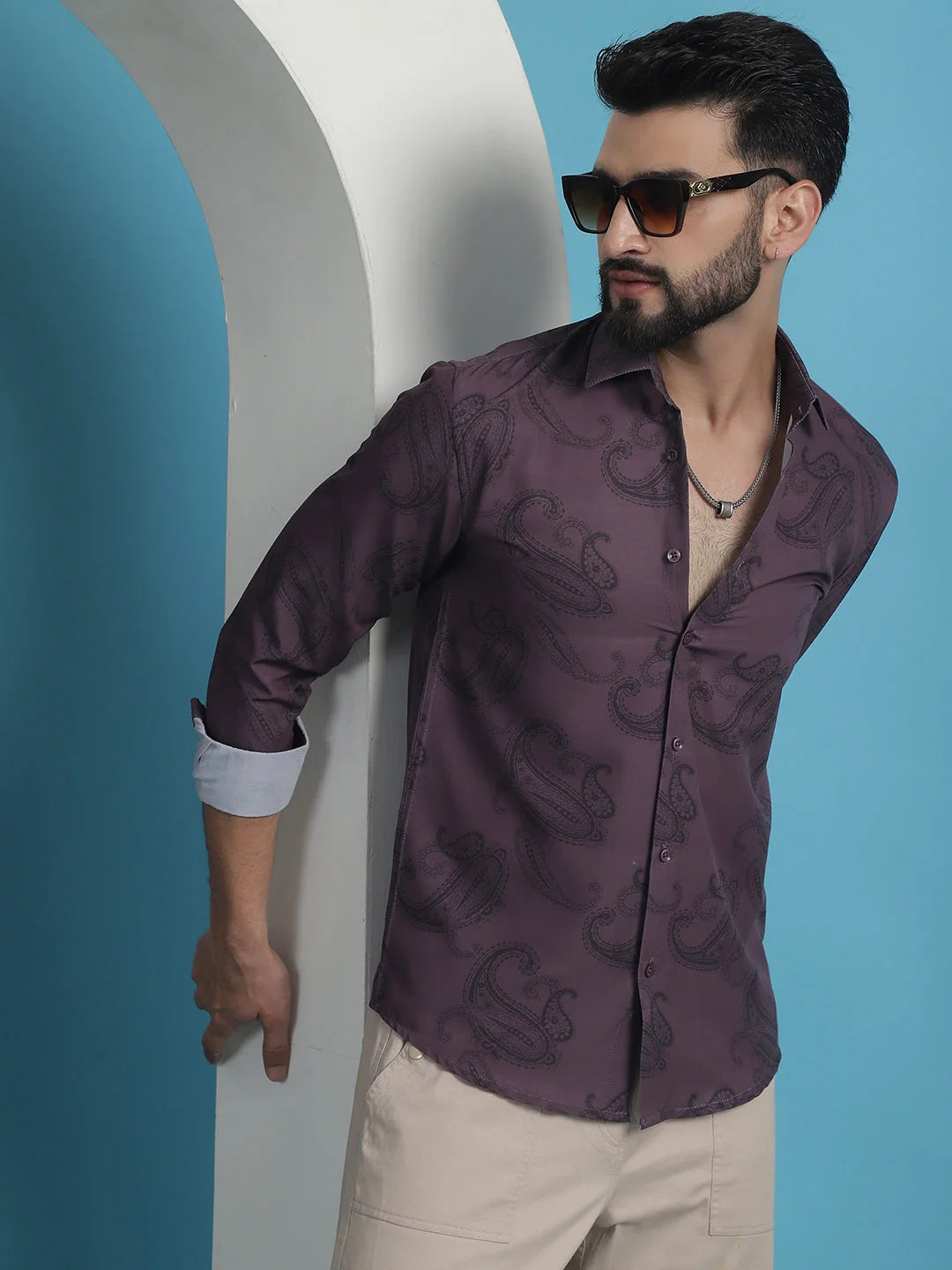 Purple Floral Printed Cotton Shirt | Casual Mens Shirt