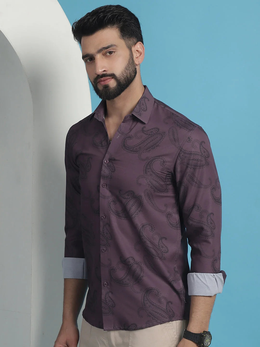 Purple Floral Printed Cotton Shirt | Casual Mens Shirt