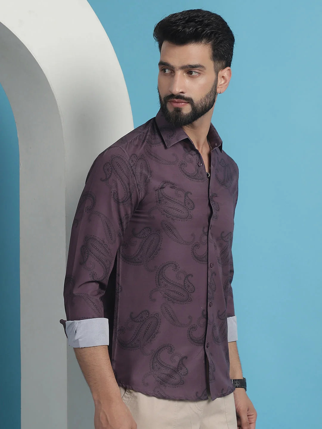 Purple Floral Printed Cotton Shirt | Casual Mens Shirt