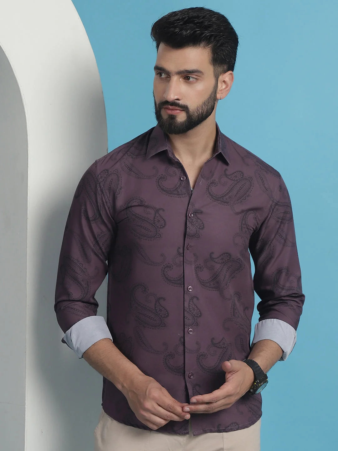 Purple Floral Printed Cotton Shirt | Casual Mens Shirt