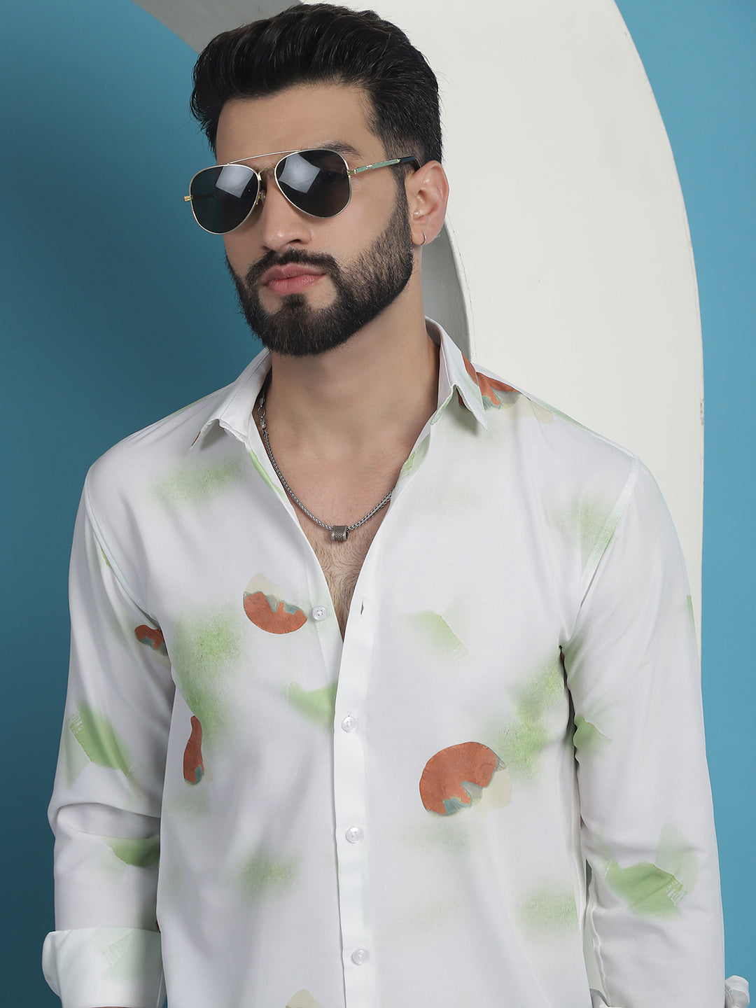 Floral Printed Cotton Shirt - White Mens Shirt