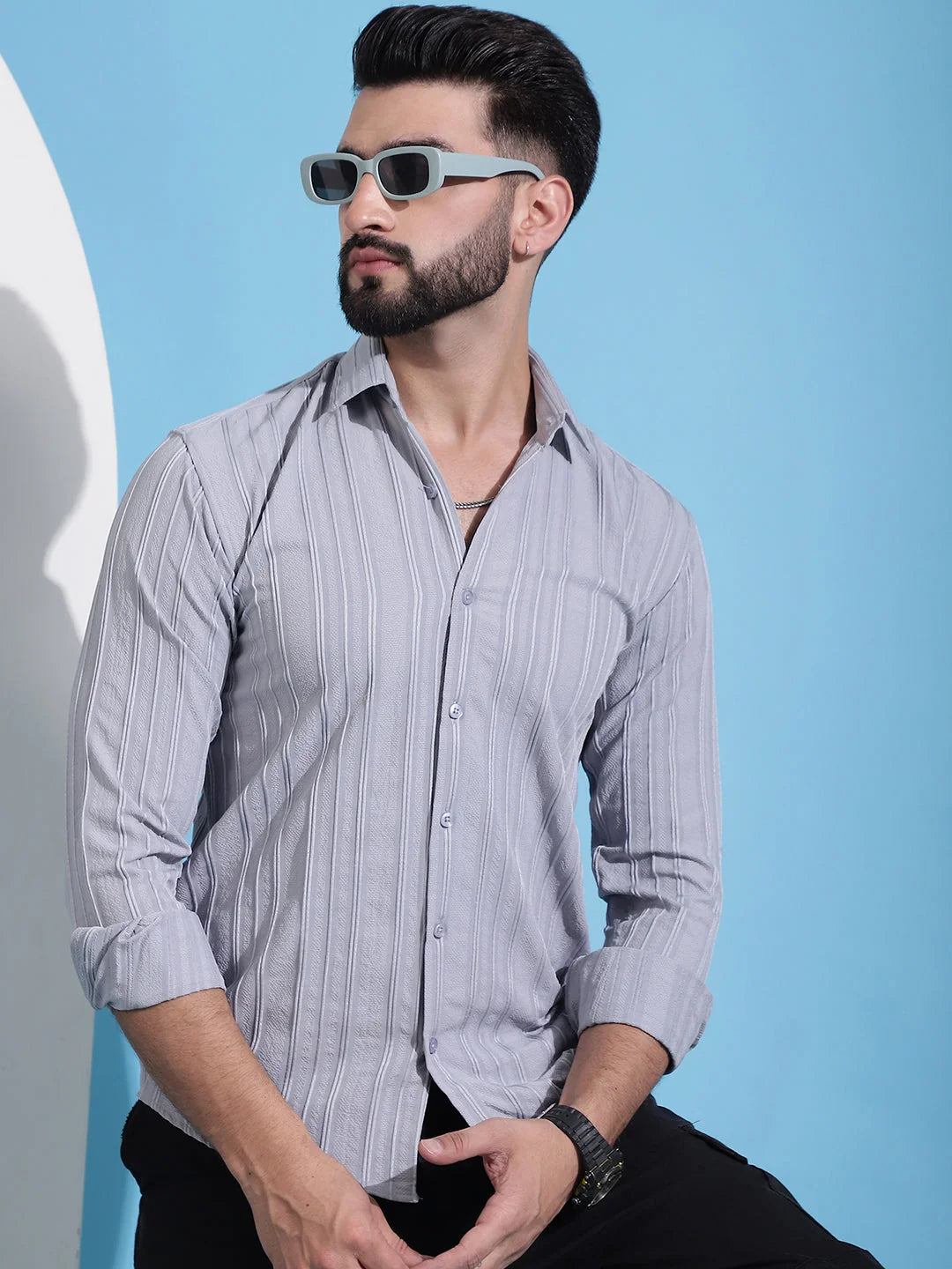 Grey Striped Casual Shirt for Mens.-SF-937Light-Grey