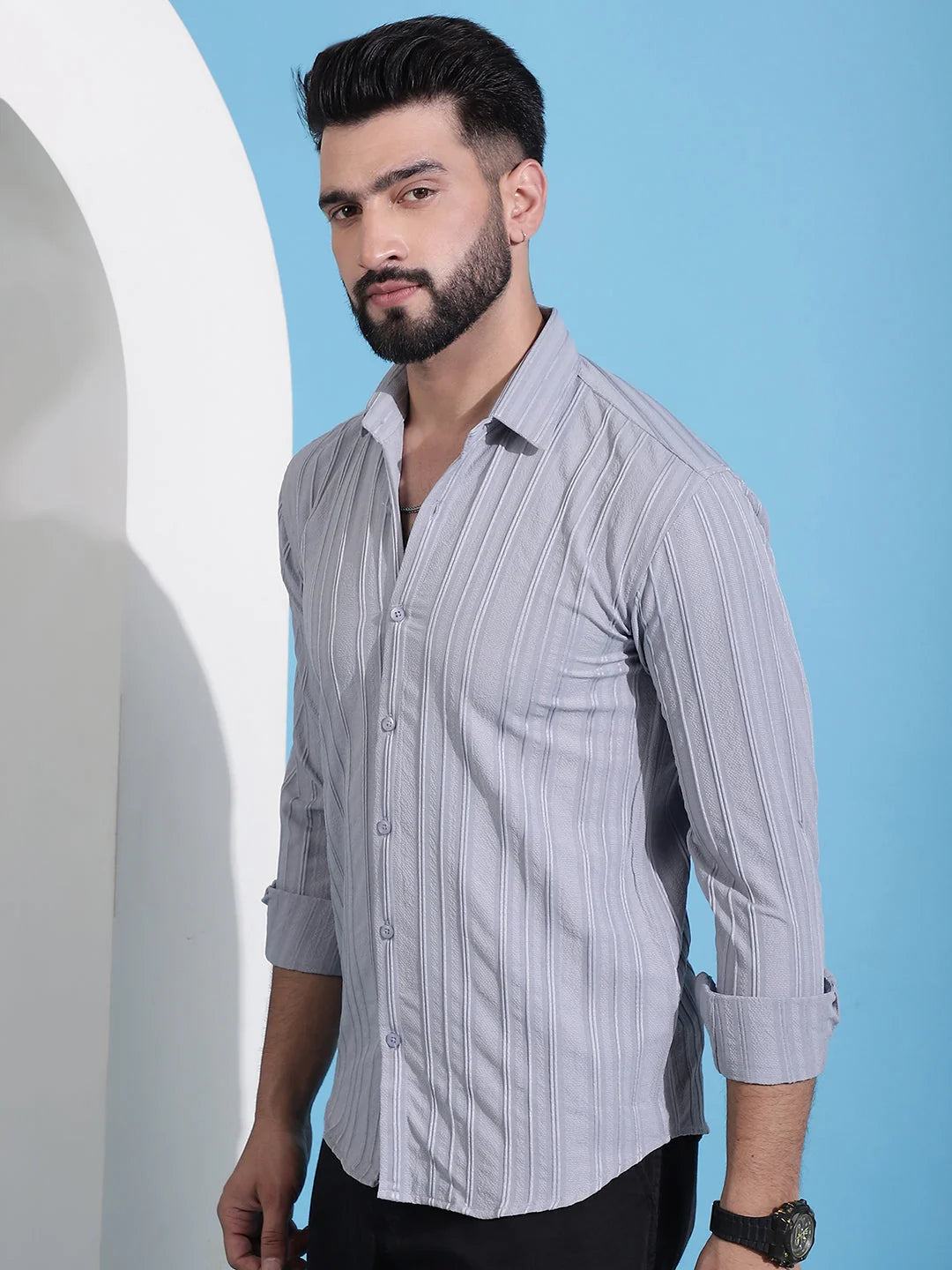 Grey Striped Cotton Mens Shirt | Casual & Formal Shirts