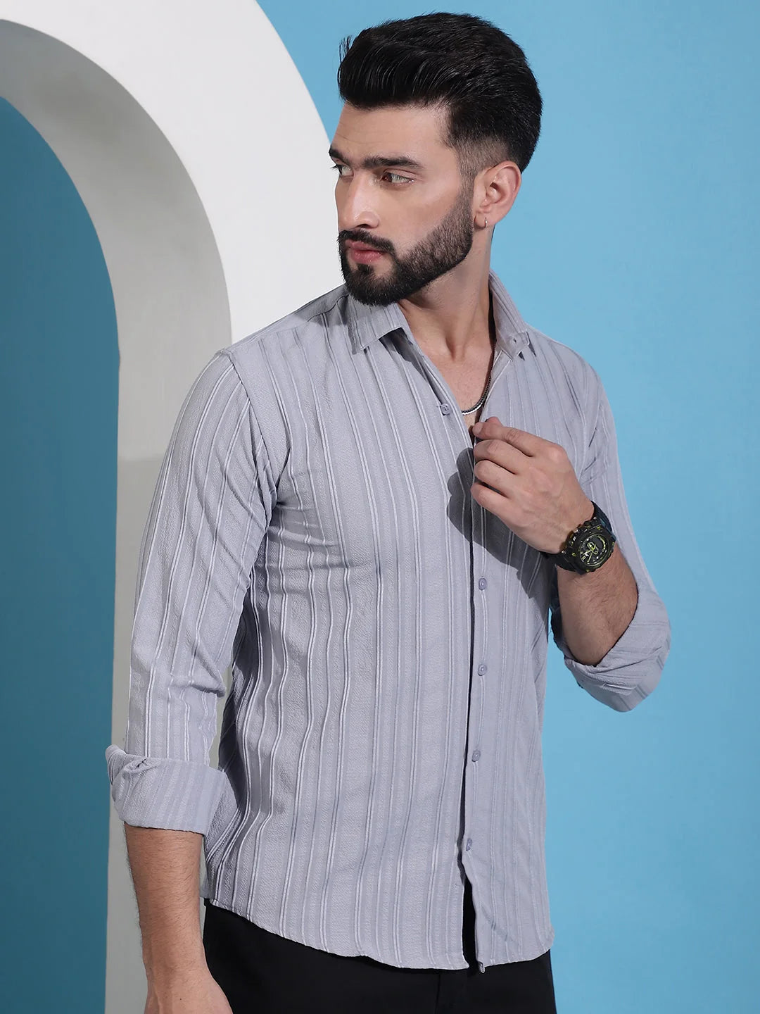 Grey Striped Cotton Mens Shirt | Casual & Formal Shirts