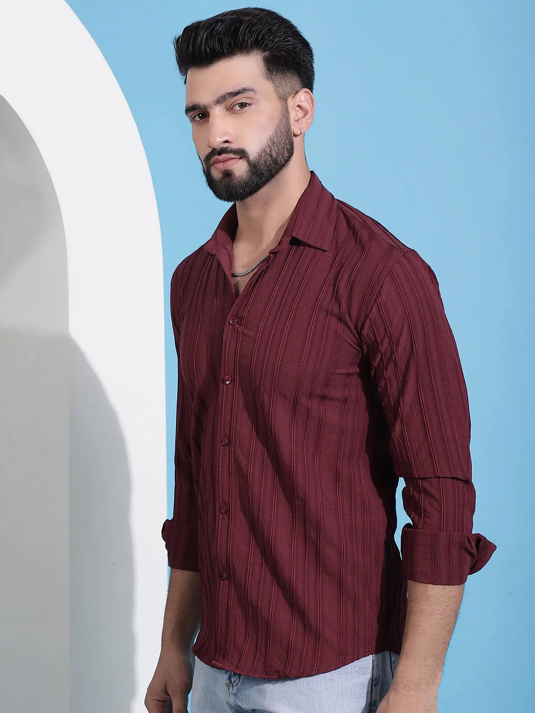 Maroon Striped Cotton Mens Shirt | Casual & Formal Shirts