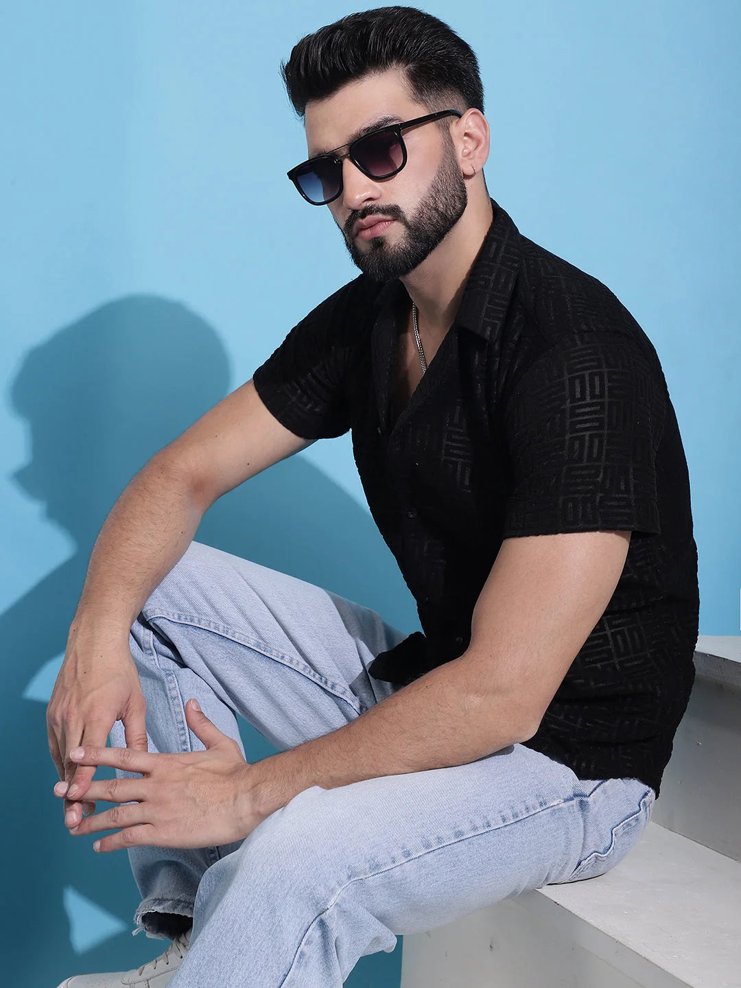 Black Embossed Design Cotton Shirt for Men | Mens Shirt