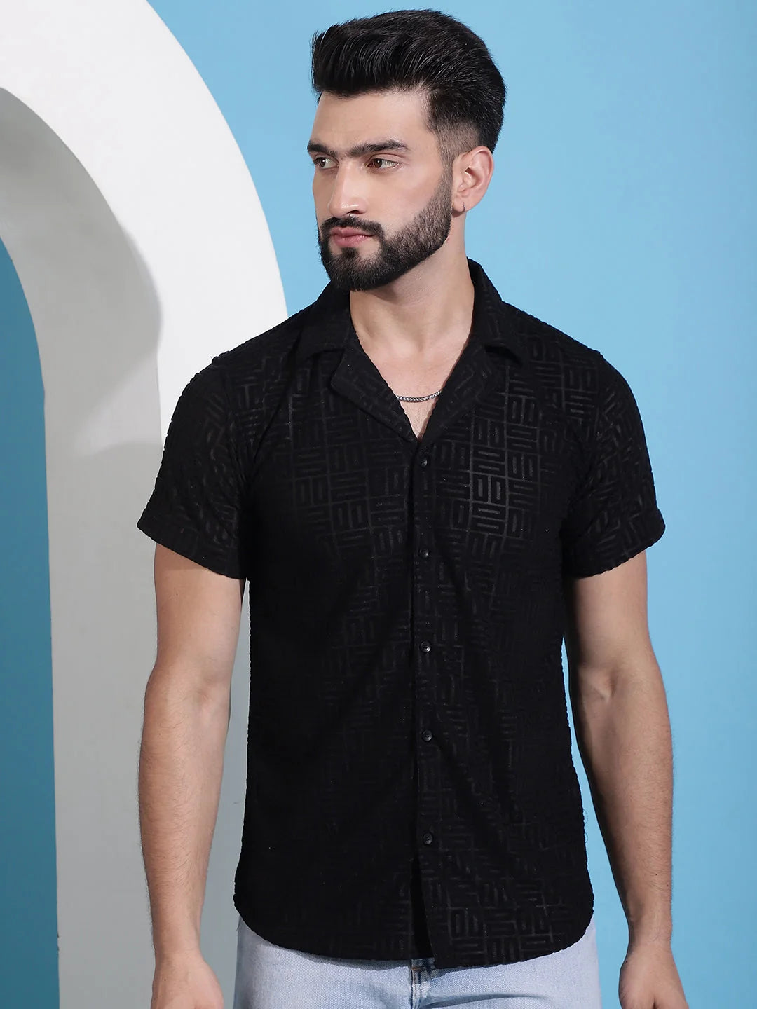 Black Embossed Design Cotton Shirt for Men | Mens Shirt