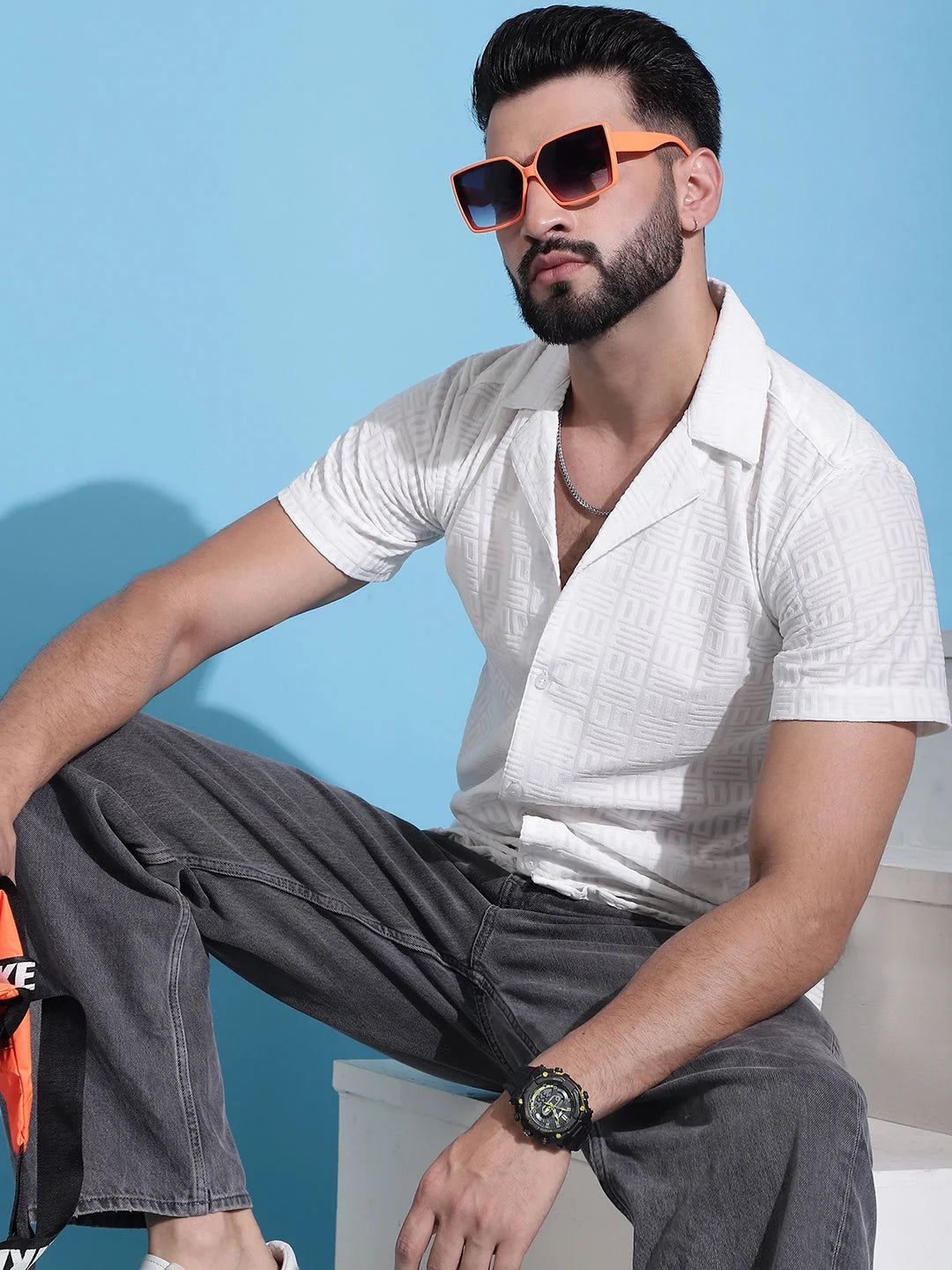 White Embossed Cotton Shirt - Cuban Collar Mens Formal Shirts
