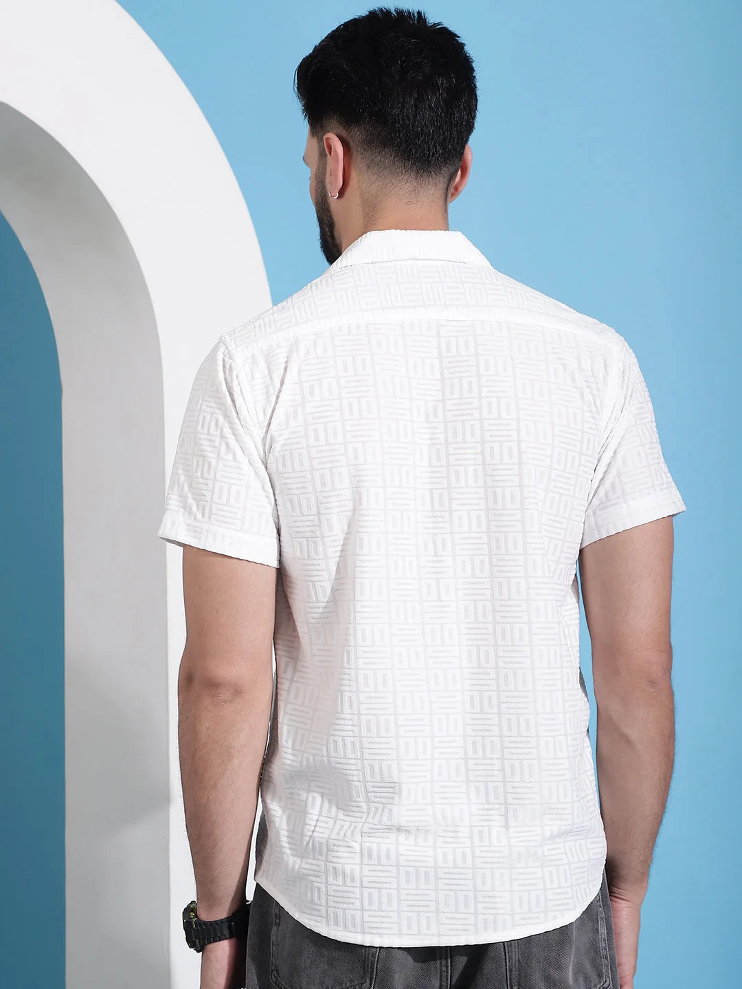 White Embossed Cotton Shirt - Cuban Collar Mens Formal Shirts