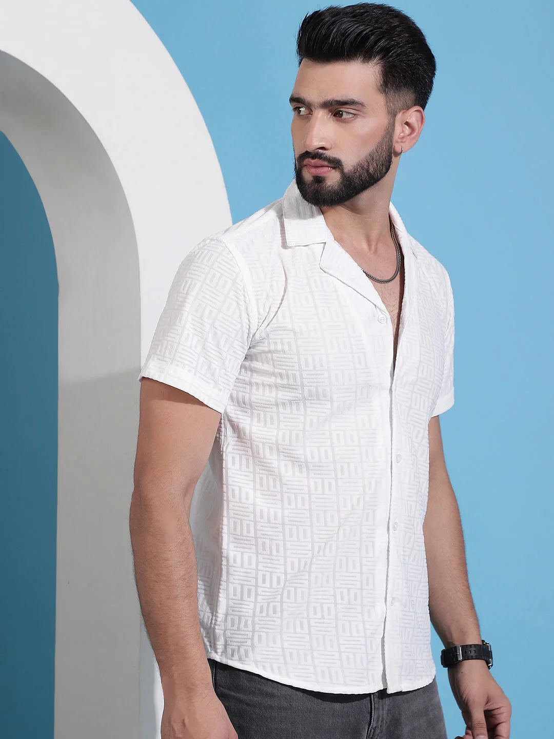 White Embossed Cotton Shirt - Cuban Collar Mens Formal Shirts