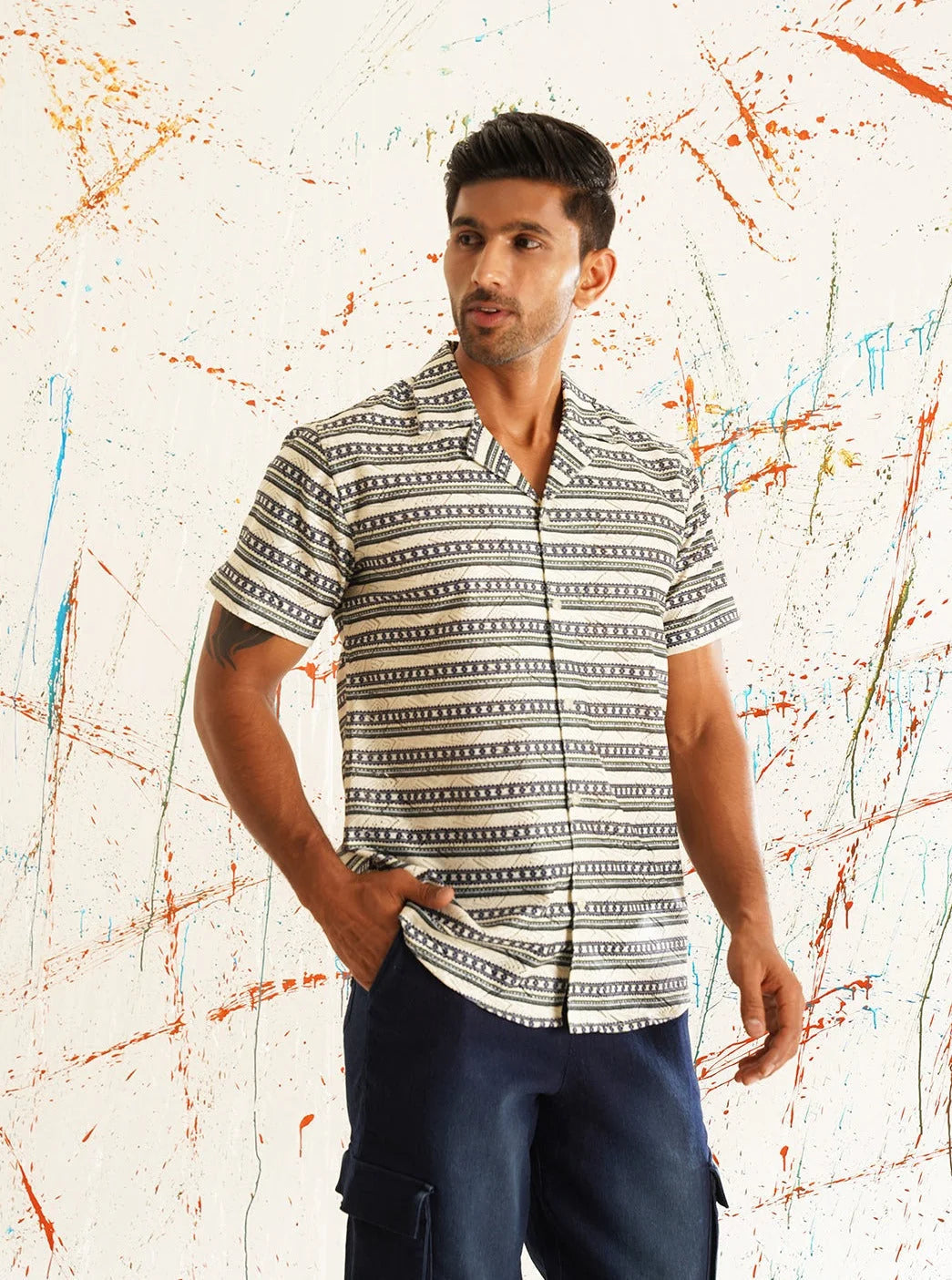 Grey Printed Cotton Shirt | Short Sleeve Mens Shirt