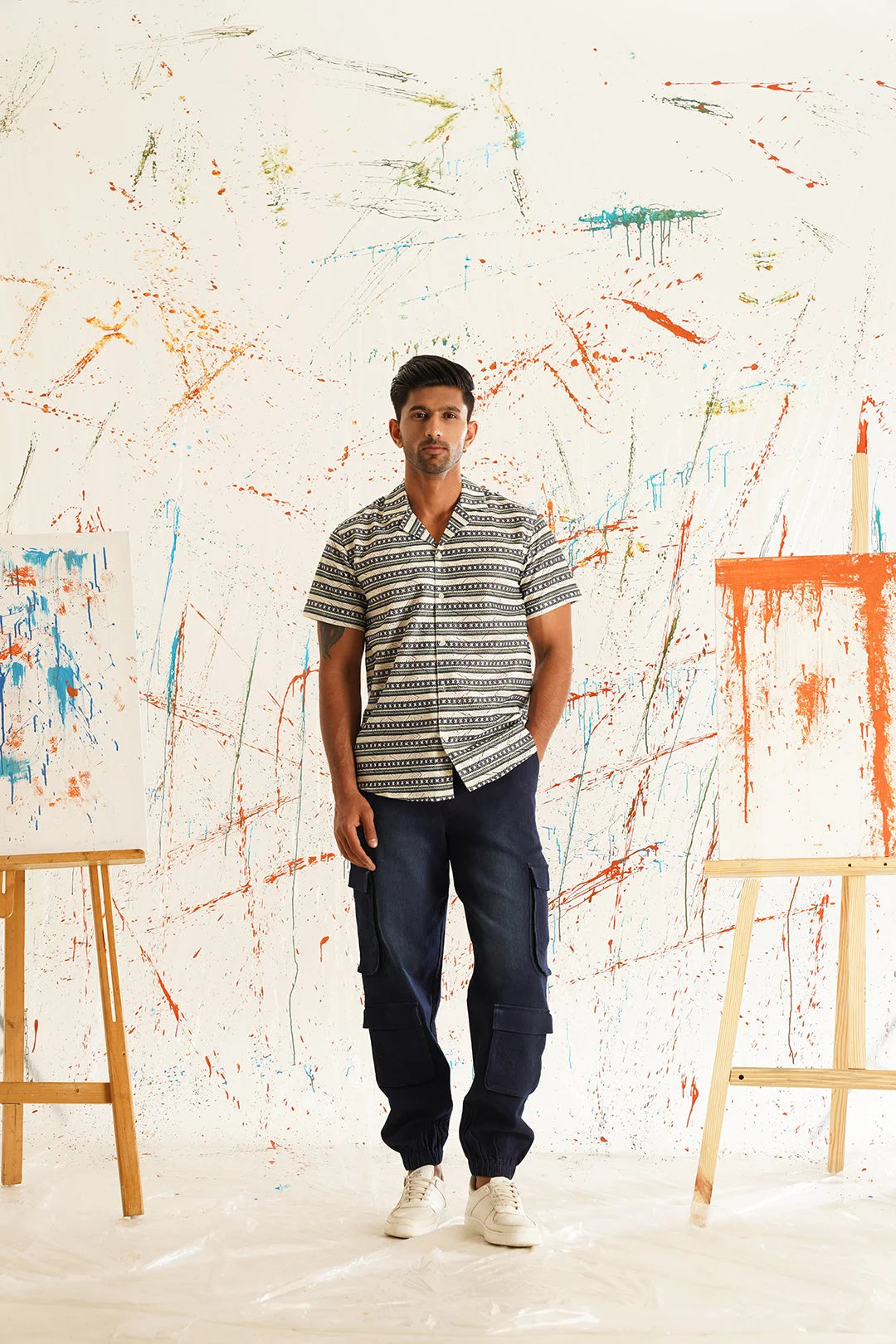 Grey Printed Cotton Shirt | Short Sleeve Mens Shirt