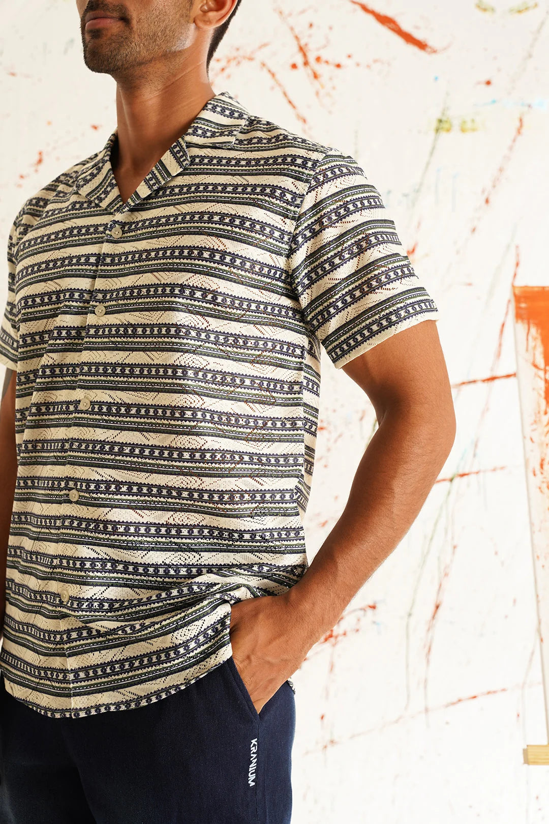 Grey Printed Cotton Shirt | Short Sleeve Mens Shirt