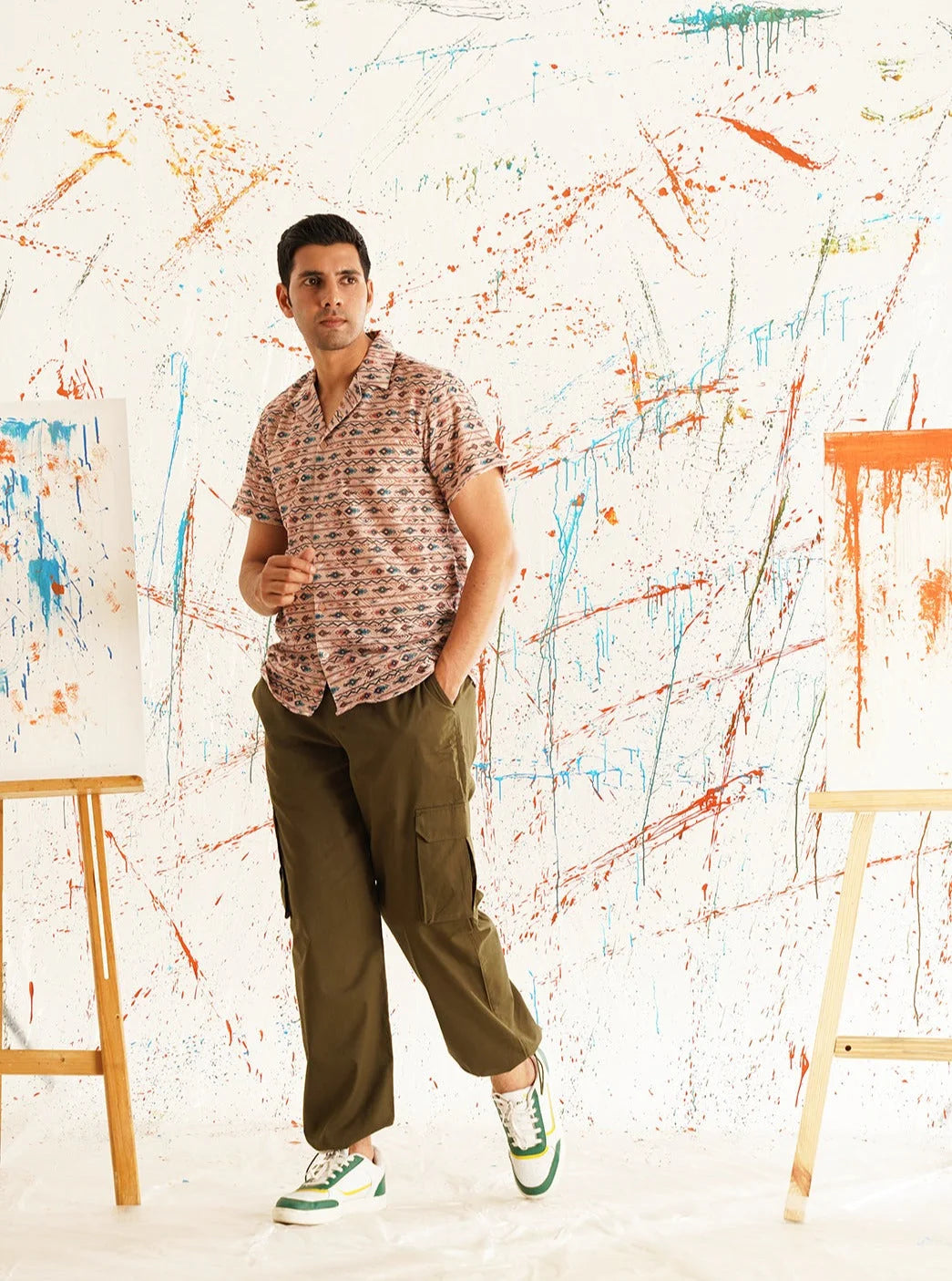 Peach Printed Cotton Shirt | Short Sleeve Mens Shirt