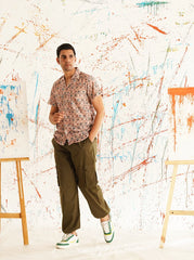 Classic Peach Printed Spread Collar Short Sleeves Cotton Casual Shirt-SF-939Peach