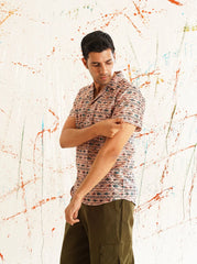 Classic Peach Printed Spread Collar Short Sleeves Cotton Casual Shirt-SF-939Peach