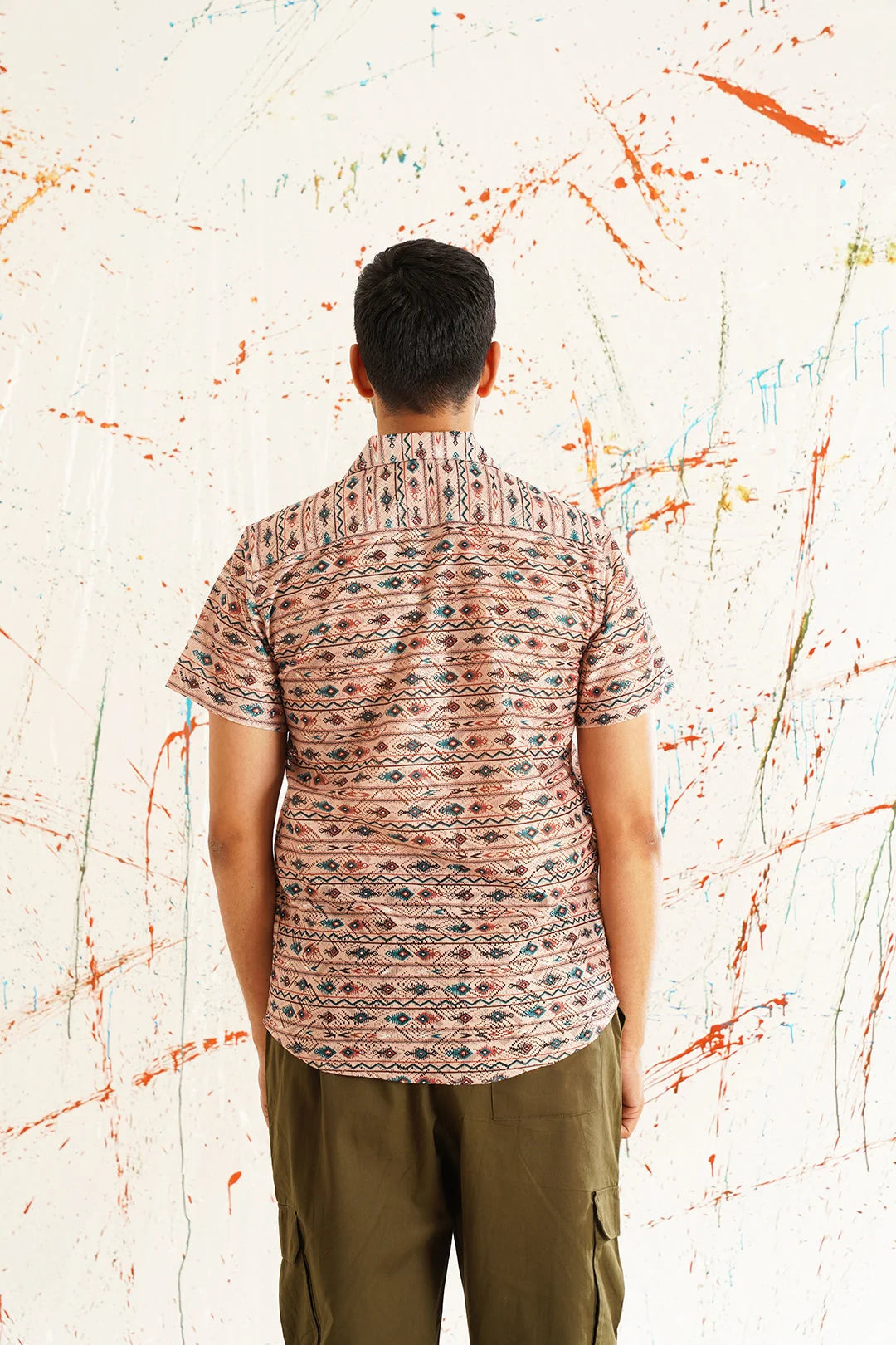 Peach Printed Cotton Shirt | Short Sleeve Mens Shirt