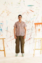 Classic Peach Printed Spread Collar Short Sleeves Cotton Casual Shirt-SF-939Peach