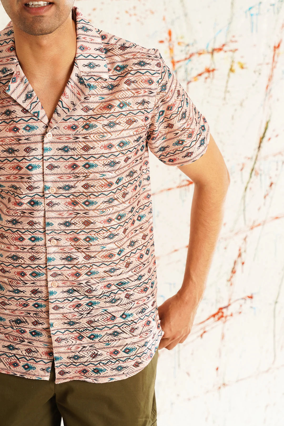 Peach Printed Cotton Shirt | Short Sleeve Mens Shirt