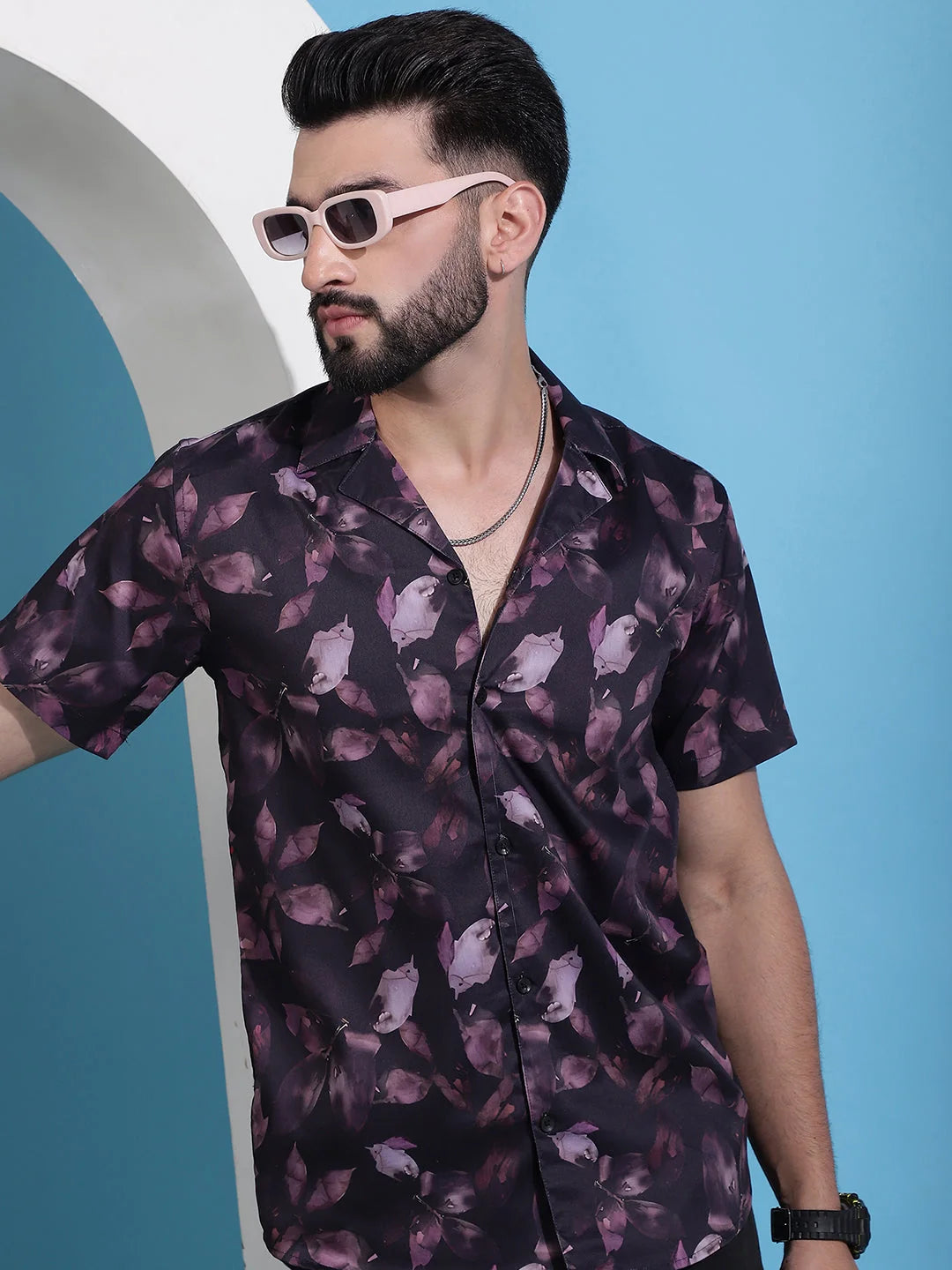 Purple Floral Cotton Printed Shirt - Classic Cuban Collar Mens...