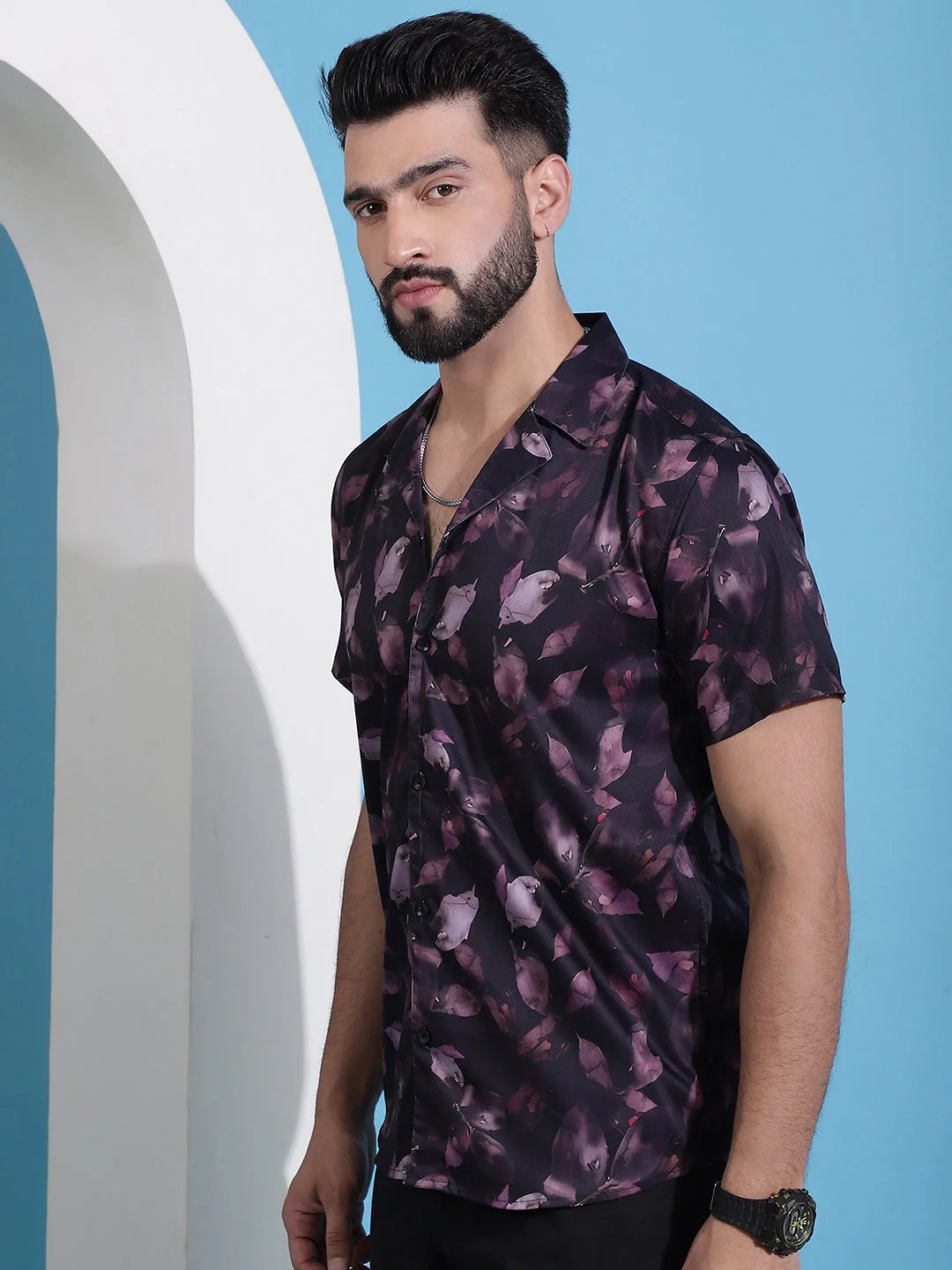 Purple Floral Cotton Printed Shirt - Classic Cuban Collar Mens...