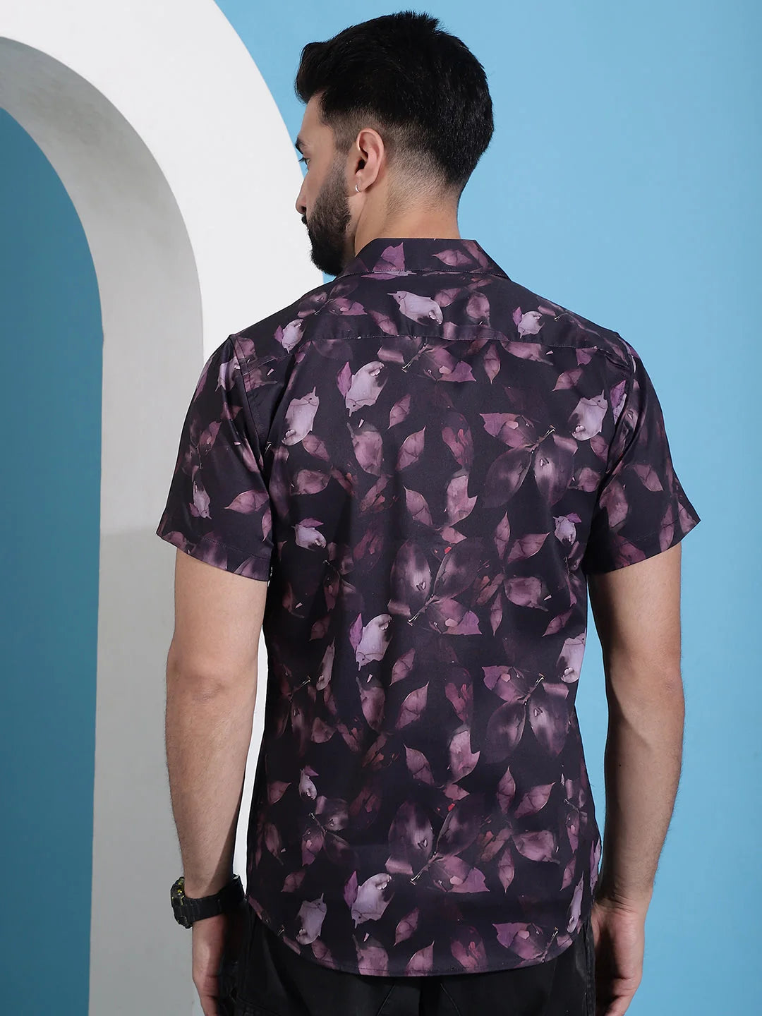 Purple Floral Cotton Printed Shirt - Classic Cuban Collar Mens...