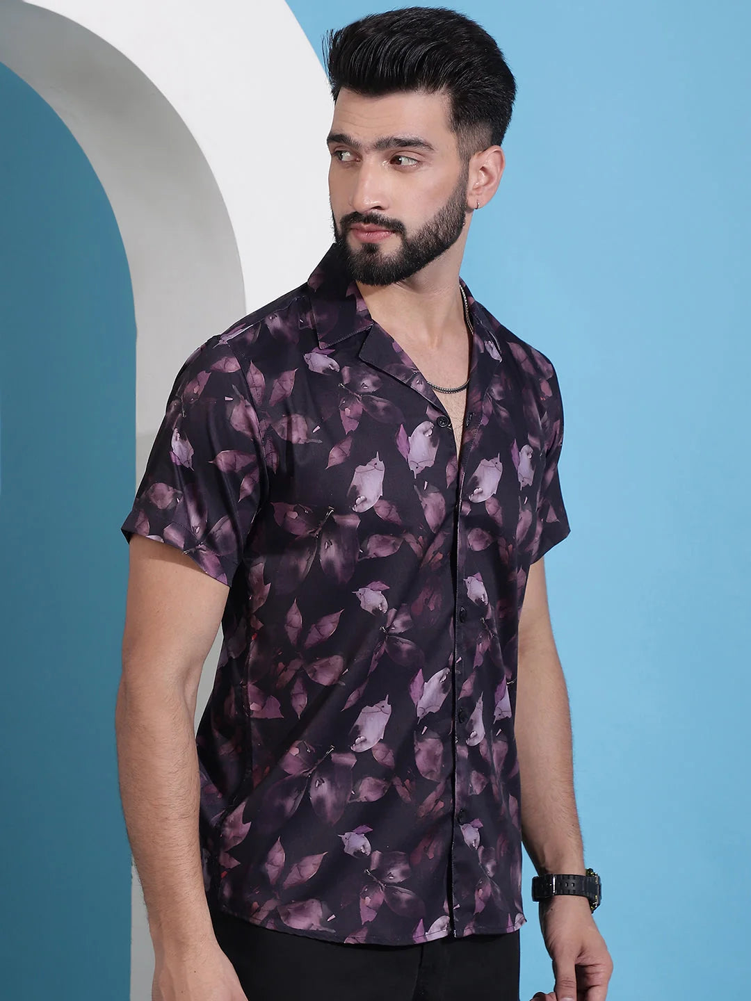 Purple Floral Cotton Printed Shirt - Classic Cuban Collar Mens...