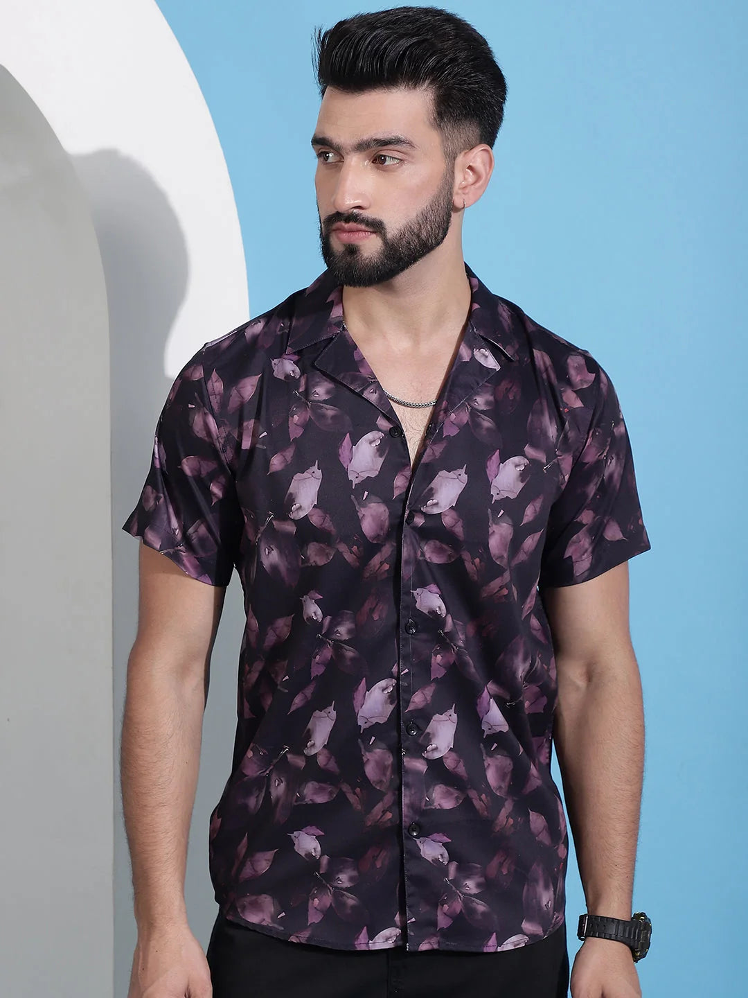 Purple Floral Cotton Printed Shirt - Classic Cuban Collar Mens...