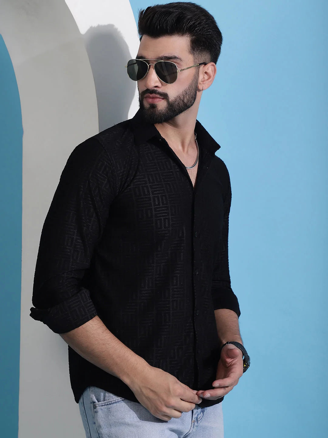 Men's Black Embossed Cotton Shirt - Long Sleeve Casual Shirt
