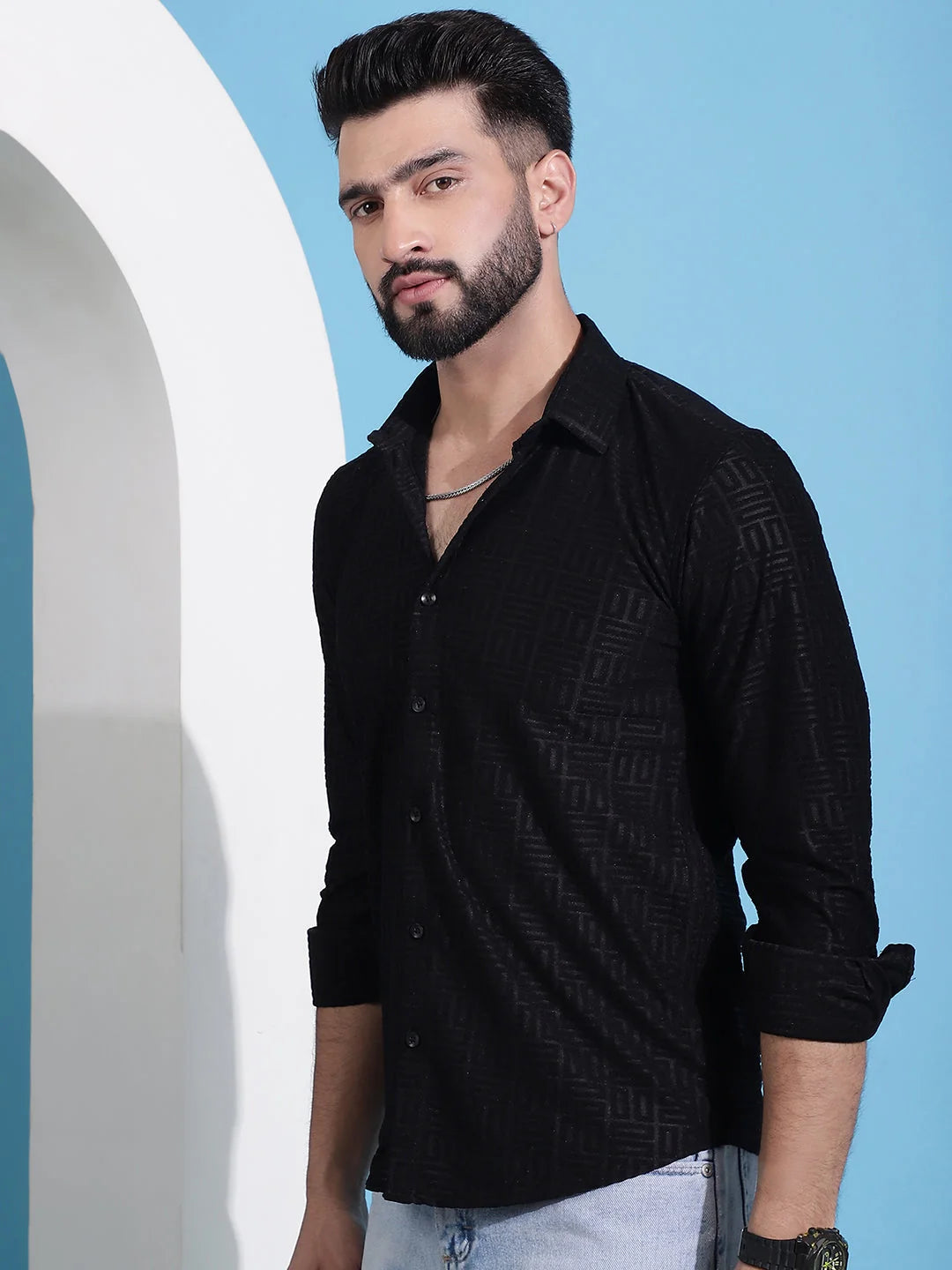 Men's Black Embossed Cotton Shirt - Long Sleeve Casual Shirt
