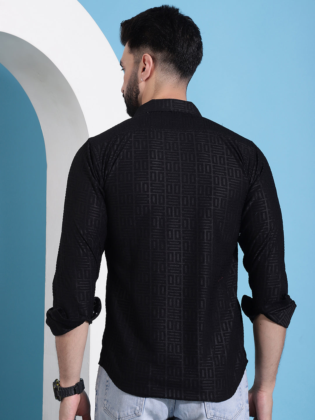 Men's Black Embossed Cotton Shirt - Long Sleeve Casual Shirt