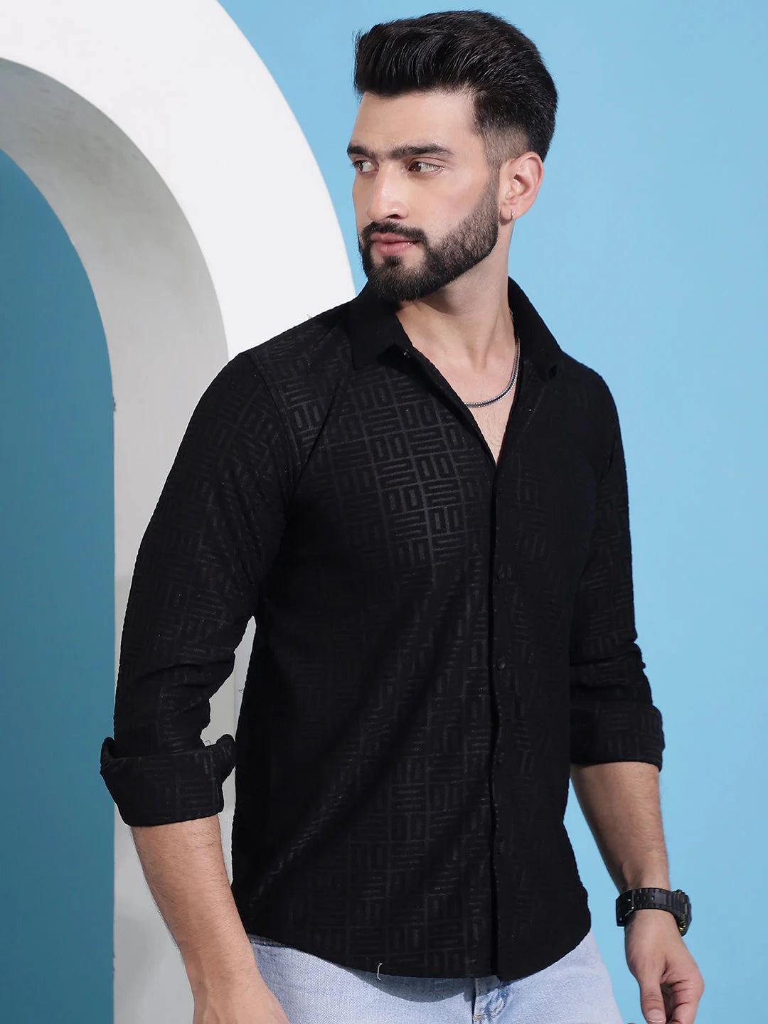 Men's Black Embossed Cotton Shirt - Long Sleeve Casual Shirt