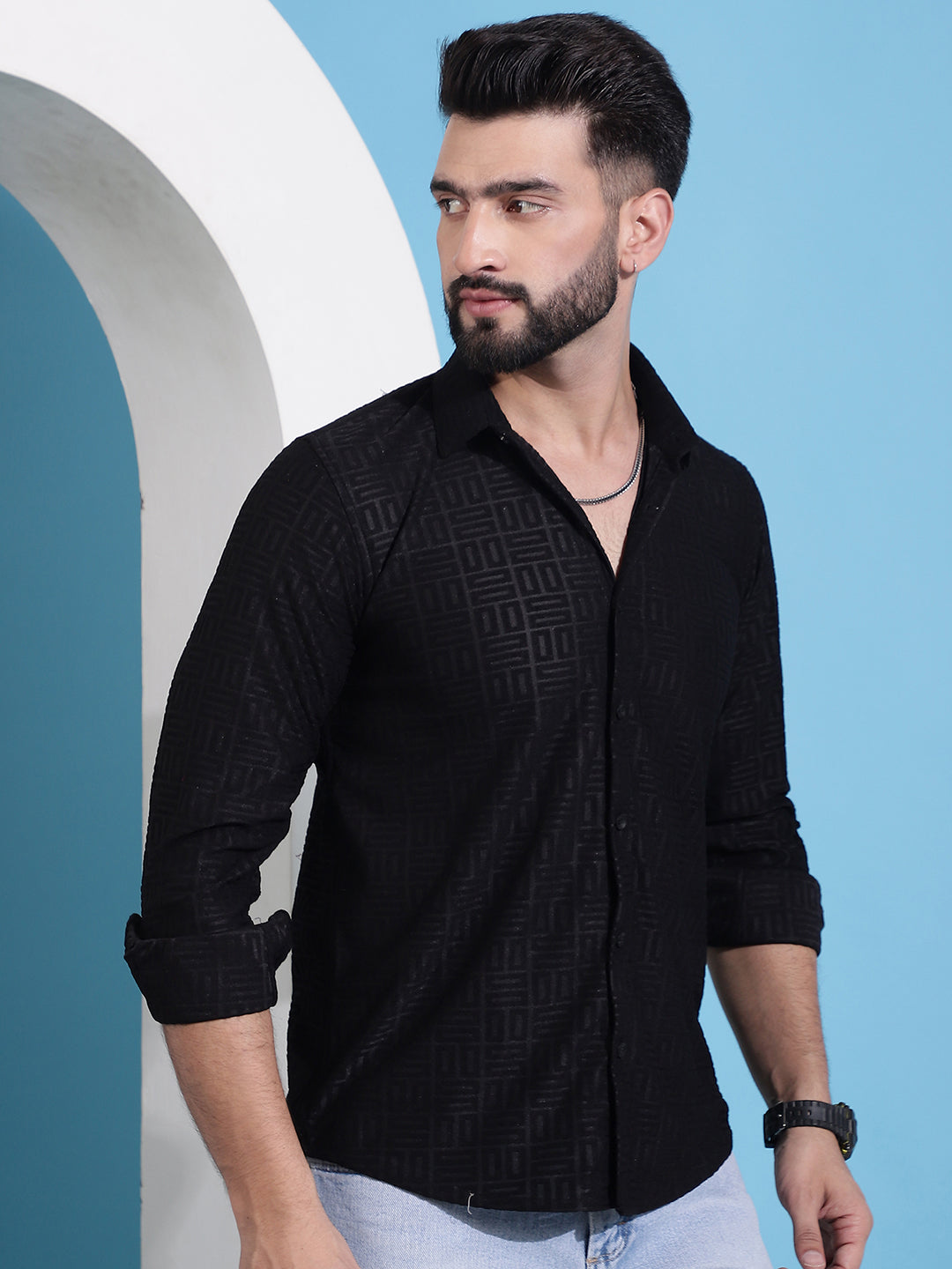 Men's Black Embossed Cotton Shirt - Long Sleeve Casual Shirt