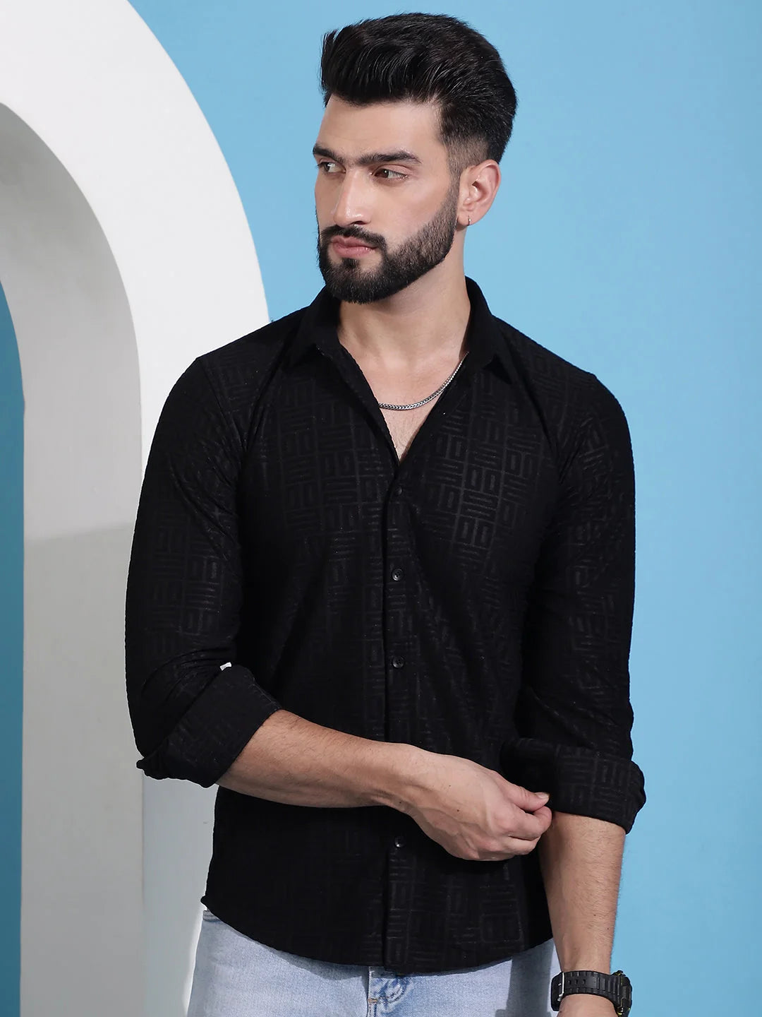 Men's Black Embossed Cotton Shirt - Long Sleeve Casual Shirt