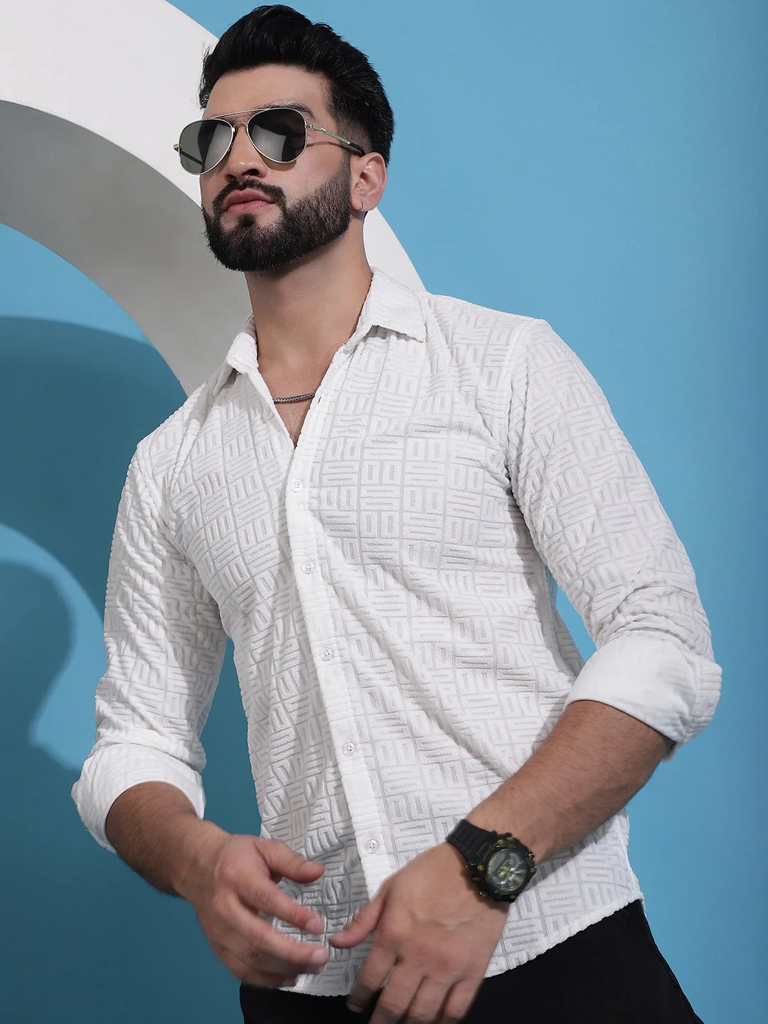 White Embossed Design Cotton Mens Shirt | Casual and Classy