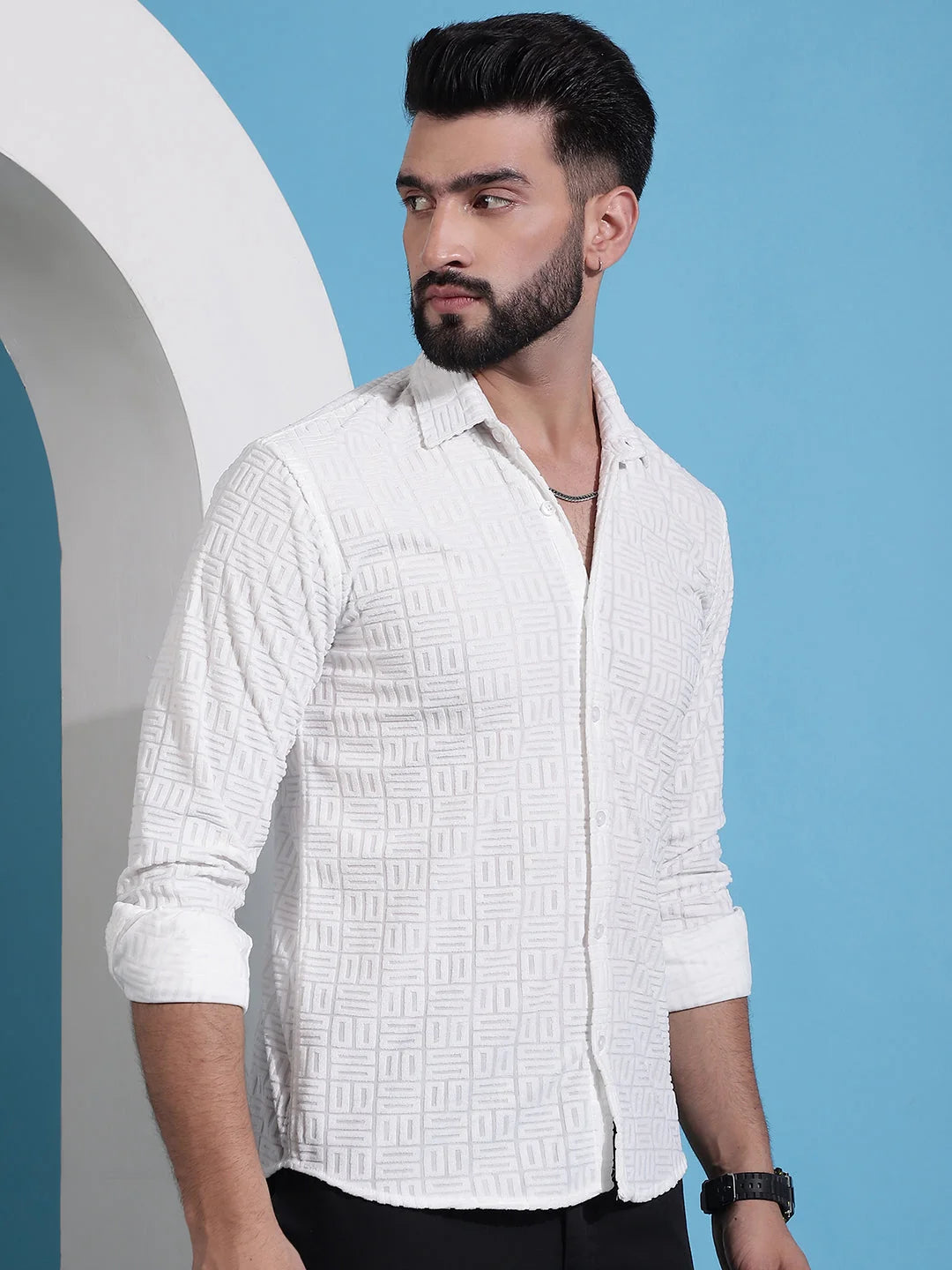 White Embossed Design Cotton Mens Shirt | Casual and Classy