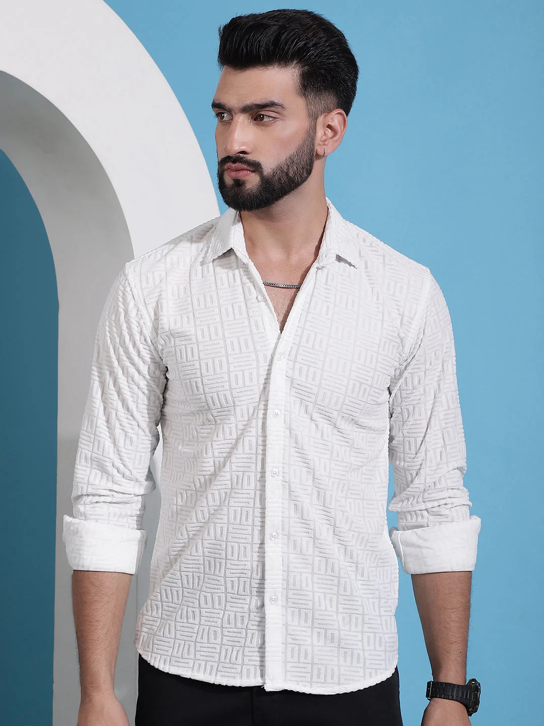 White Embossed Design Cotton Mens Shirt | Casual and Classy