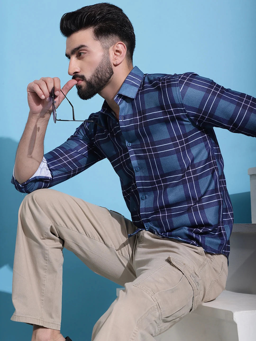 Blue Checked Cotton Mens Shirt | Casual and Stylish Design