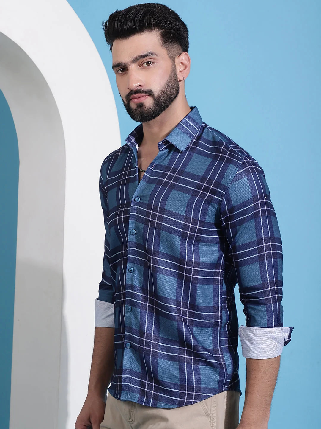 Blue Checked Cotton Mens Shirt | Casual and Stylish Design