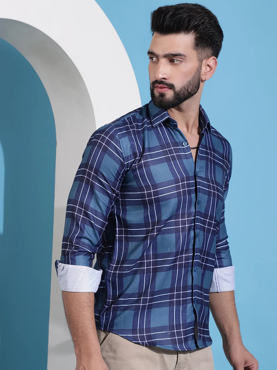 Blue Checked Cotton Mens Shirt | Casual and Stylish Design