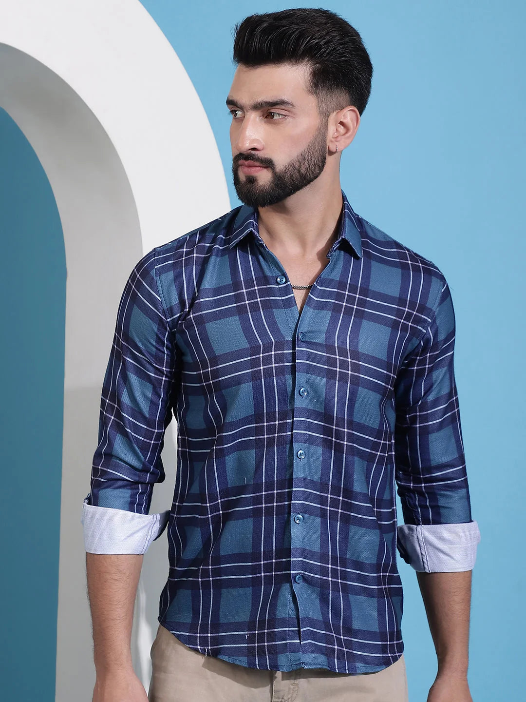 Blue Checked Cotton Mens Shirt | Casual and Stylish Design