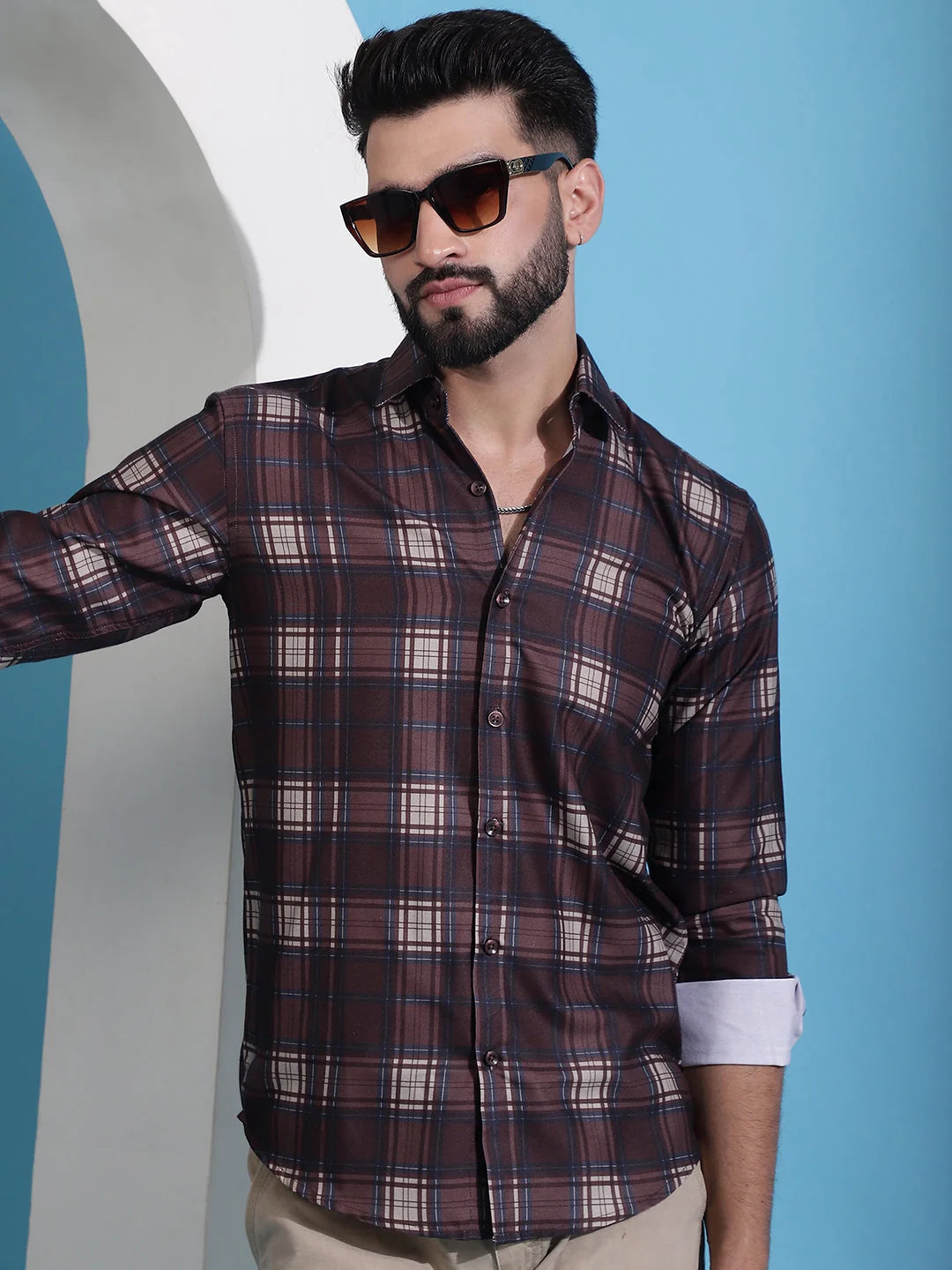 Coffee Brown Checked Cotton Mens Shirt | Casual Style