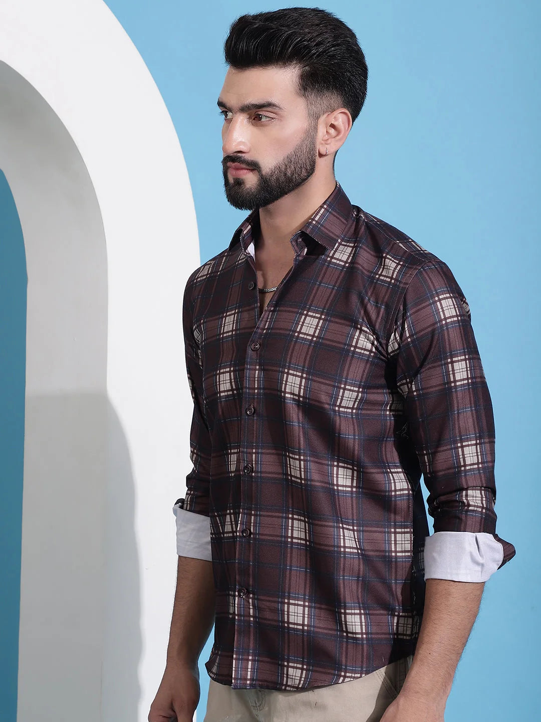 Coffee Brown Checked Cotton Mens Shirt | Casual Style