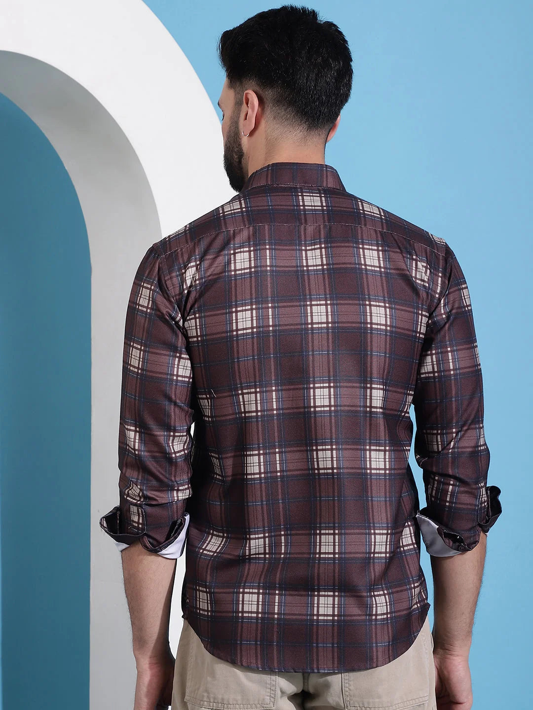 Coffee Brown Checked Cotton Mens Shirt | Casual Style