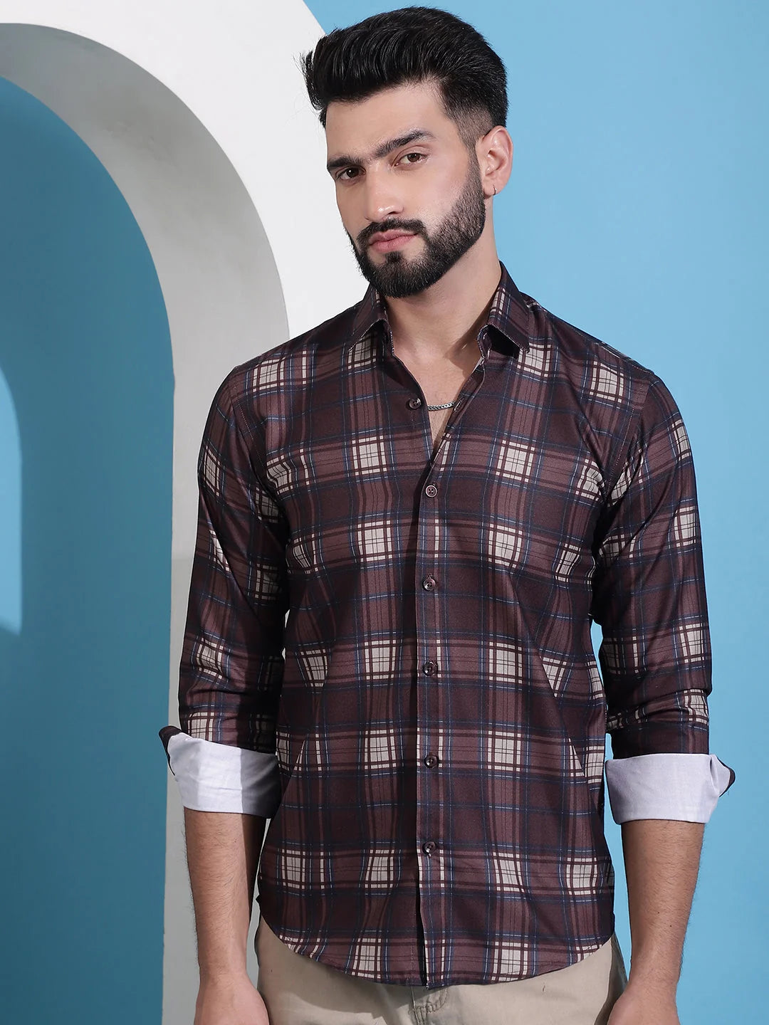 Coffee Brown Checked Cotton Mens Shirt | Casual Style