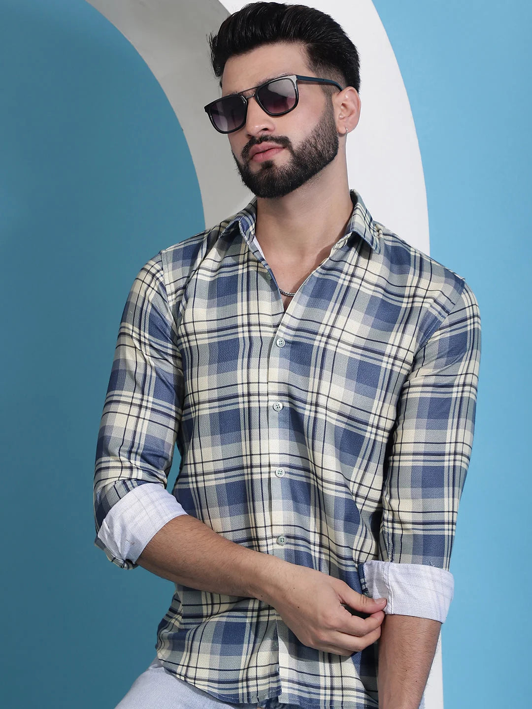 Cream Checked Cotton Mens Shirt | Casual & Comfortable