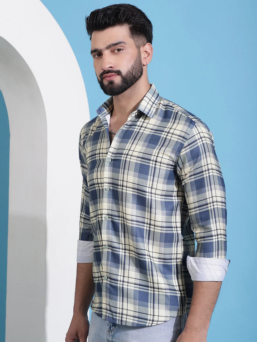 Cream Checked Cotton Mens Shirt | Casual & Comfortable