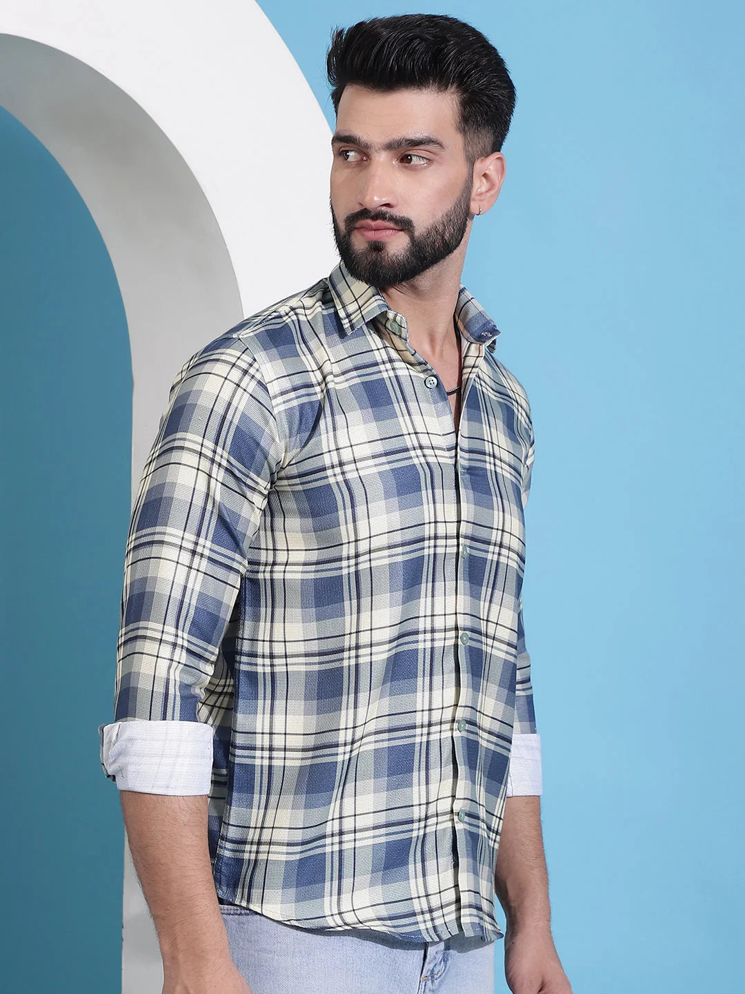 Cream Checked Cotton Mens Shirt | Casual & Comfortable