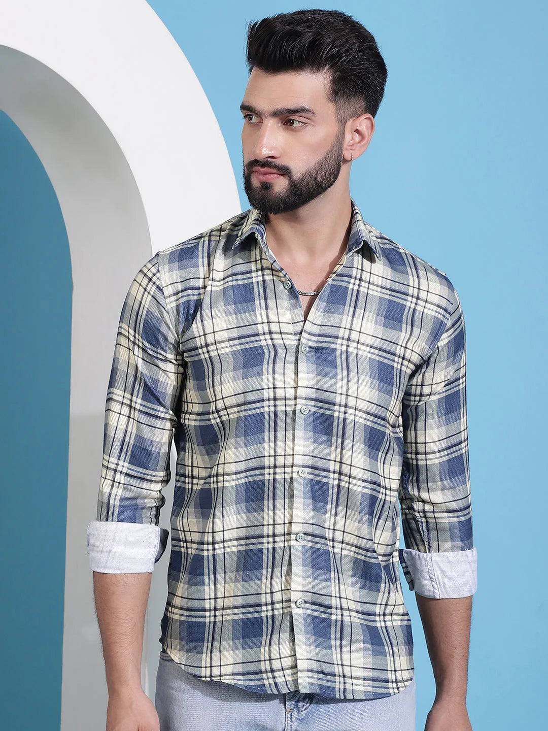 Cream Checked Cotton Mens Shirt | Casual & Comfortable