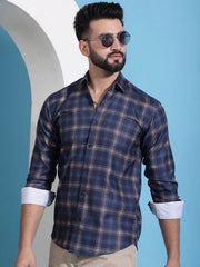 Navy Blue Checked Cotton Casual Shirt for Men-SF-942Navy